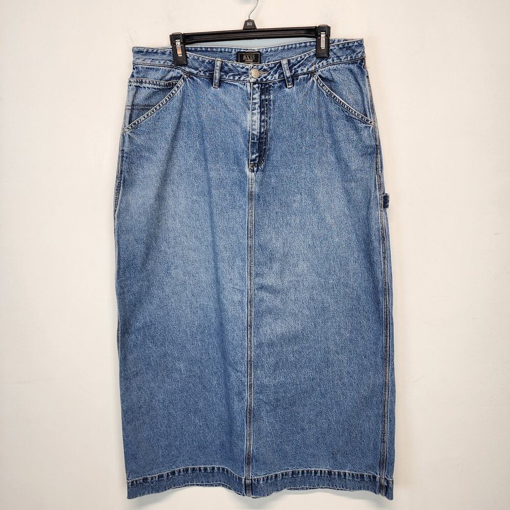 Vintage Bass Denim Maxi Carpenter Skirt Womens 12 Medium Wash Back Slit Indie